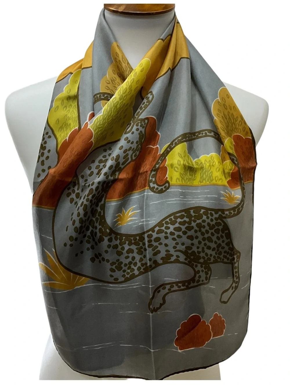 Sally Gee Silk Scarf Japan Big Cats Leopard Tiger Hand Rolled WPL 13407 Vintage